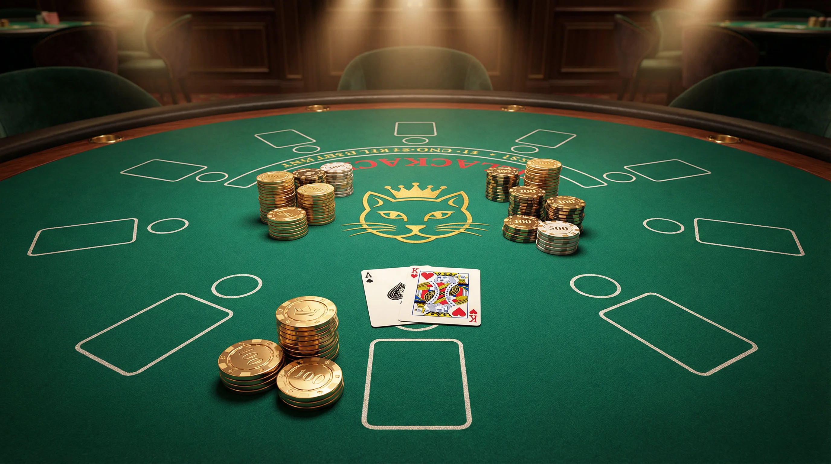 Mesa de blackjack profesional con cartas y fichas doradas