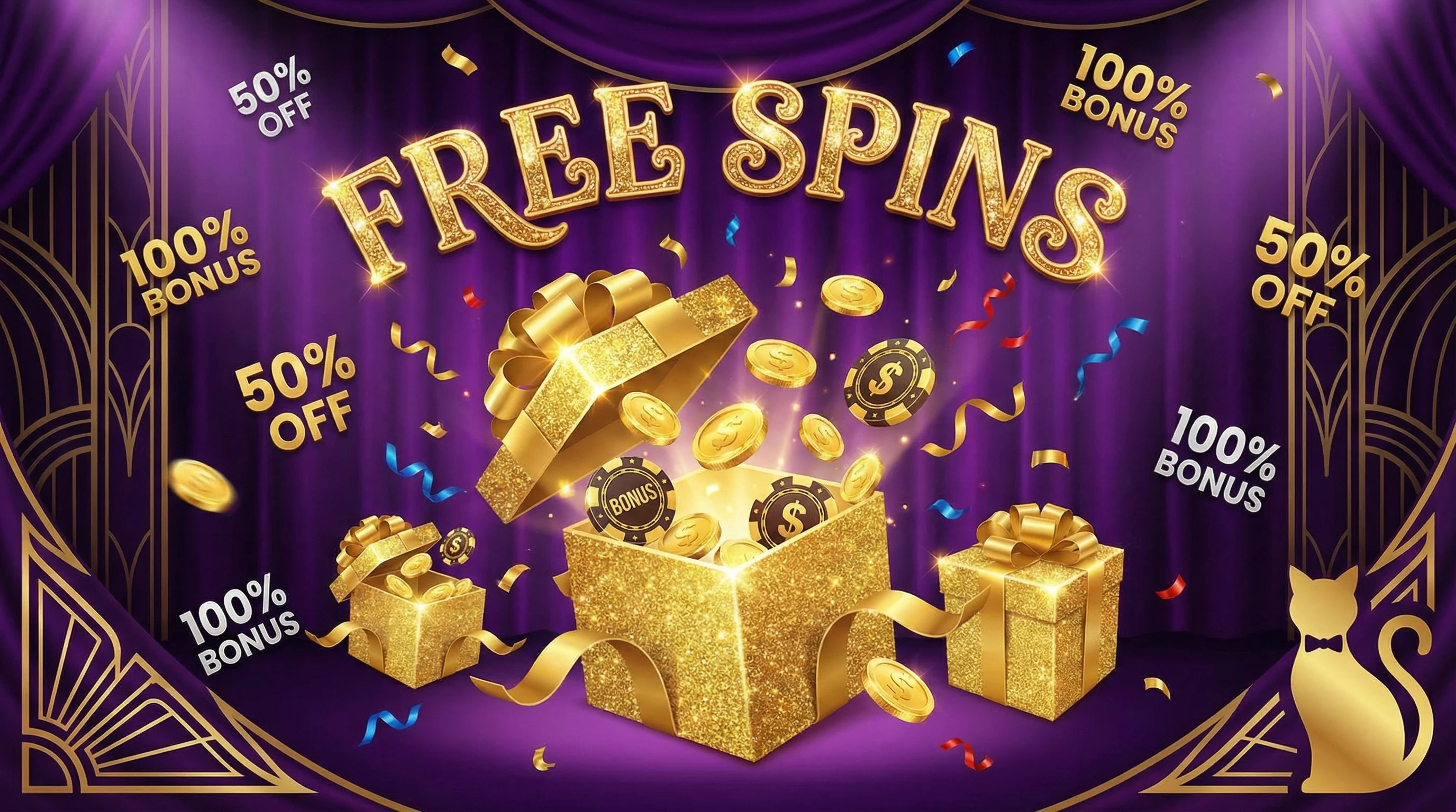 Promoción de bonos con cajas de regalo doradas y tiros gratis
