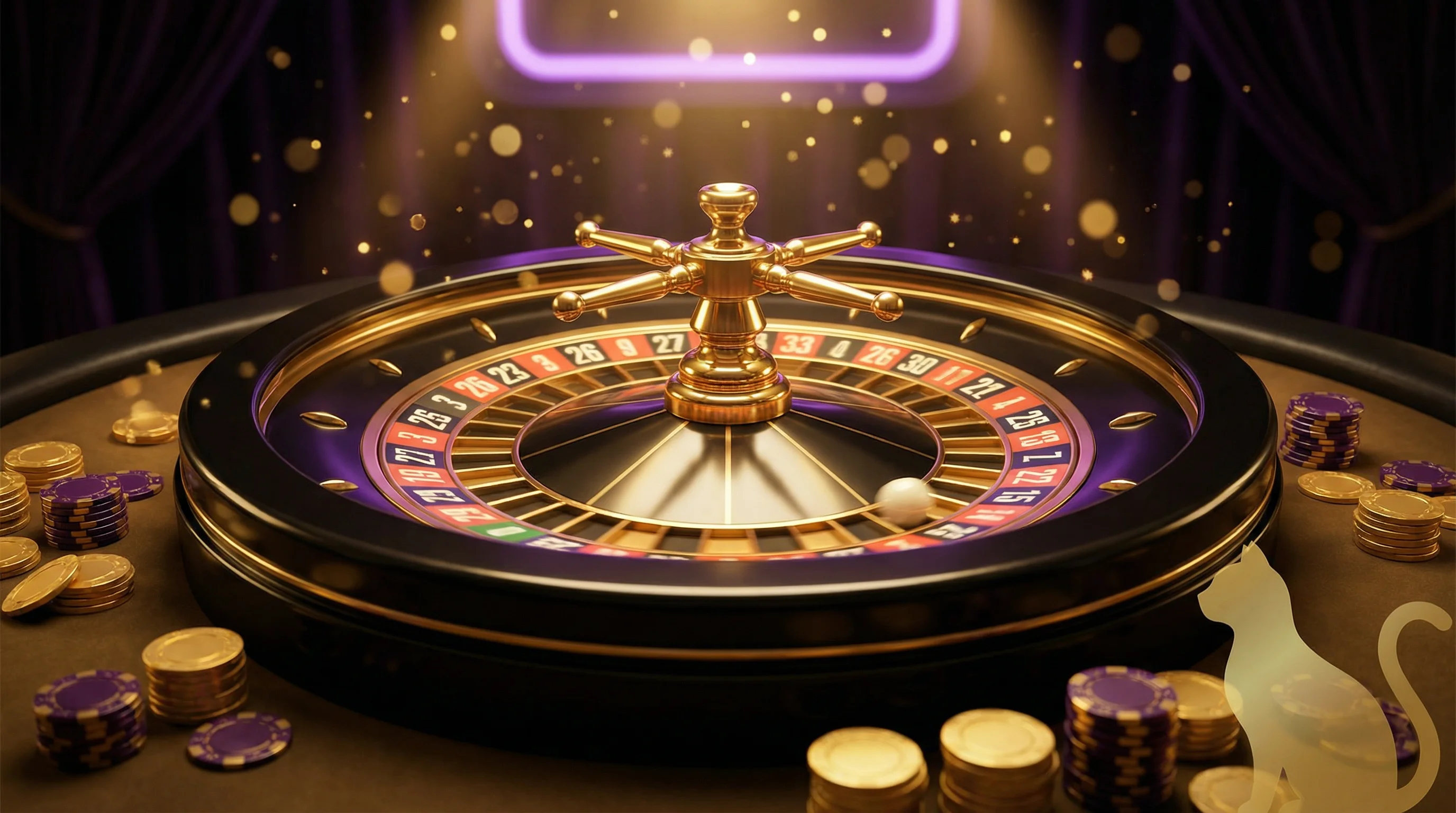Ruleta de casino elegante con fichas doradas y púrpuras